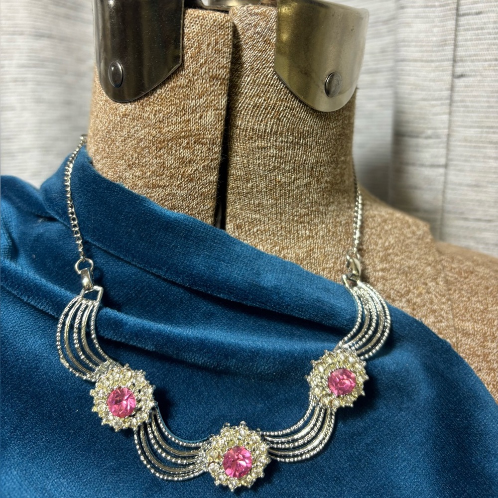 Vintage MCM Elegant Silver and Pink Rhinestone Necklace/Chocker